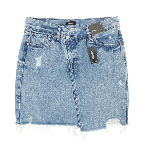 NWT Express Frayed Super High Waisted Crossover Waistband Mini Jean Skirt 6 - Picture 3 of 5